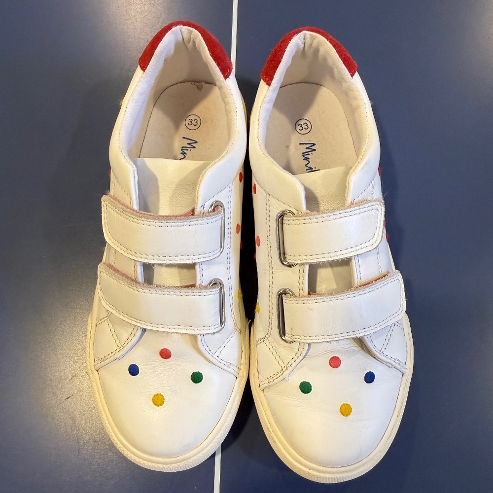 Size 33/~US 2 Mini Boden Fun Low Tops in White Leather Rainbow Spots